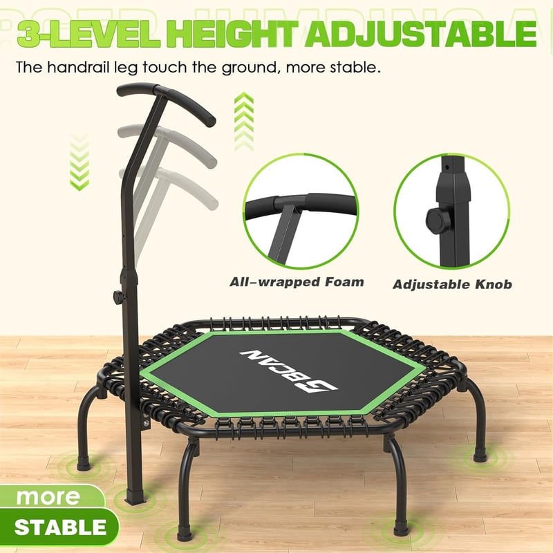 BCAN Fitness Trambulin 250 kg Teherbírással, 123 cm Átmérőjű, Állítható Kapaszkodóval, Csendes Rugózással, Beltéri/Kerti Edzéshez, Felnőttek
