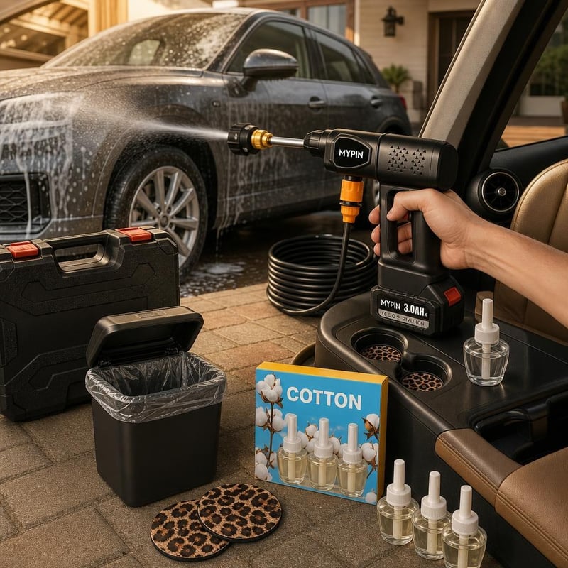Set za njegu automobila: visokotlačni perač + kanta za smeće + 2 podmetača + miris