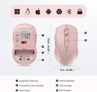 TECKNET Bluetooth Vezeték Nélküli Egér Három Móddal (BT 5.0/3.0 + 2.4GHz), USB Vevővel, Ergonomikus Hordozható Rózsaszín Egér Laptophoz, PC- 8