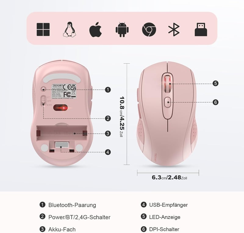 TECKNET Bluetooth Vezeték Nélküli Egér Három Móddal (BT 5.0/3.0 + 2.4GHz), USB Vevővel, Ergonomikus Hordozható Rózsaszín Egér Laptophoz, PC-