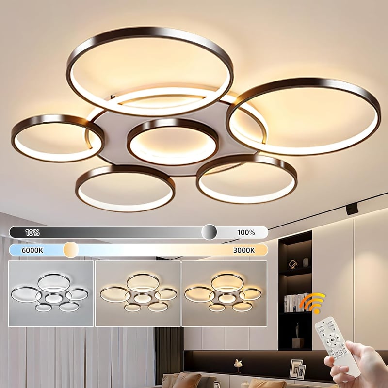 YYUTLUO Modern LED Mennyezeti Lámpa 110cm - Fekete Többkörös Csillár 120W Fokozatmentesen Szabályozható 3000-6000K Fém-Akril Lámpatest