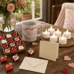 Romantični Valentinovo set: Love You šalica + 6 LED svijeća + 16 ukrasnih srca + čestitka
