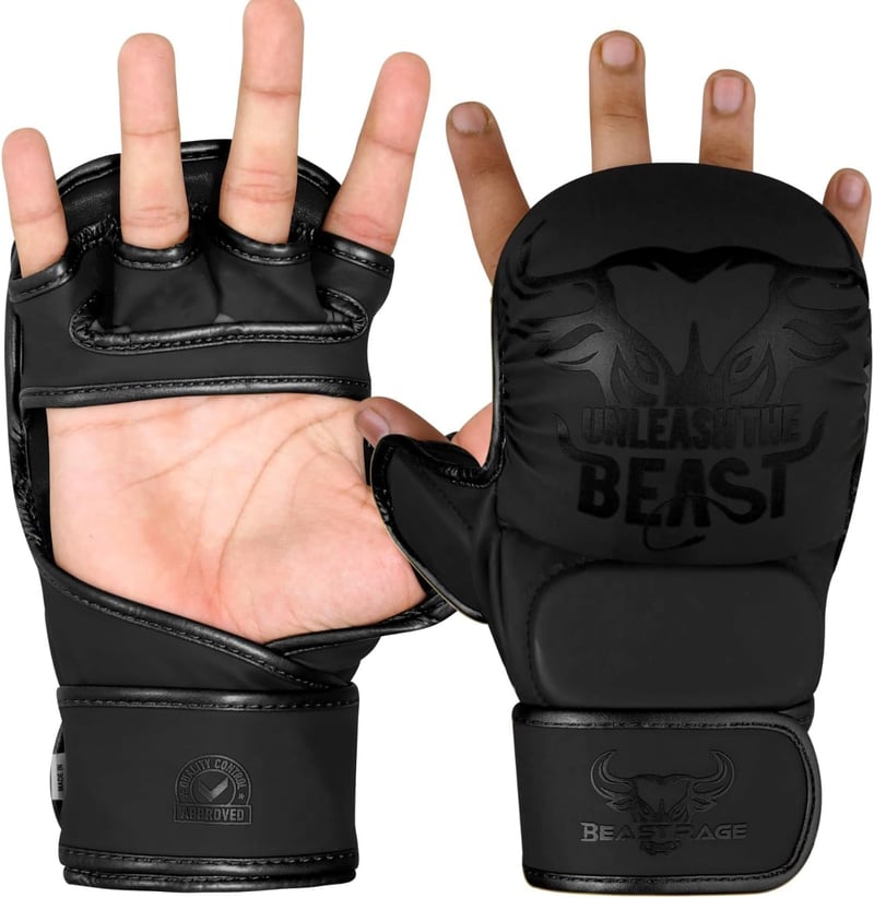 BEAST RAGE MMA Kesztyű Állítható Csuklótámasszal - Nyitott Tenyerű Harcművészeti Kesztyű Muay Thai, Ketrecharc, Taekwondo és Kickbox Edzések