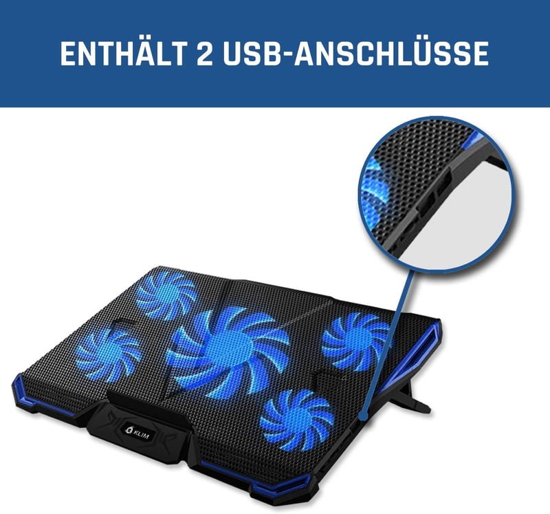 KLIM Cyclone Laptop Hűtő és Állvány - 5 Ventilátoros Hűtőpad Túlmelegedés Ellen - Kompatibilis PC, PS4, Xbox One, 11-19" Laptopokkal - Kék