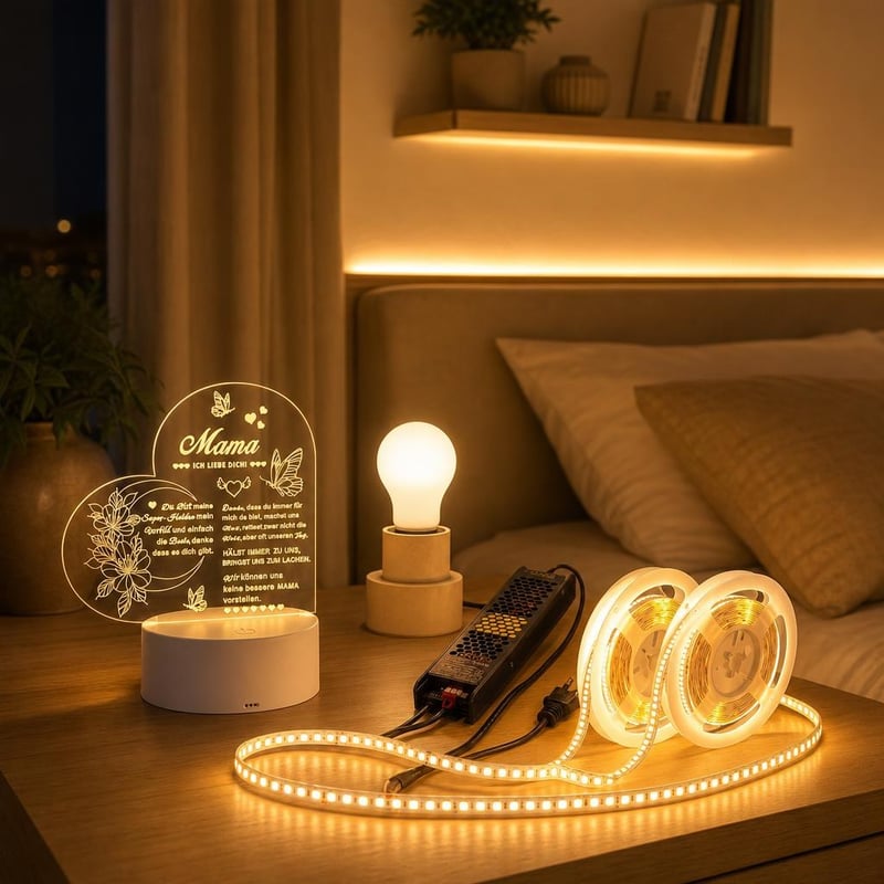 Večerné svetelné objatie: srdce lampa + 10m LED pás + E27 žiarovka