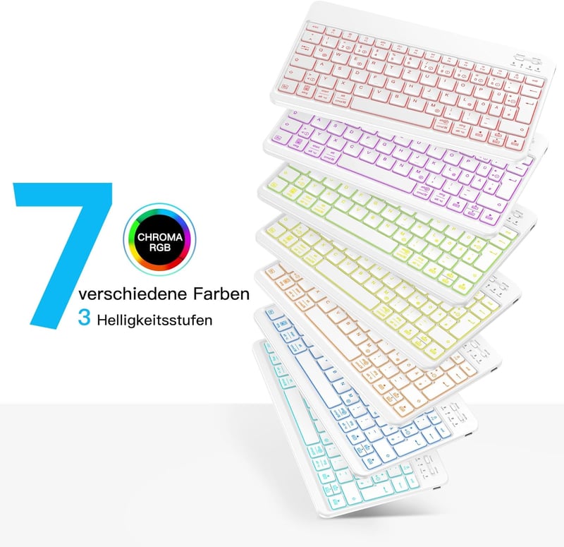 Emetok Bluetooth Billentyűzet iPad/iPhone/Android Készülékekhez - 7 Színű Háttérvilágítás, Újratölthető, Ultravékony, Vezeték Nélküli, Fehér