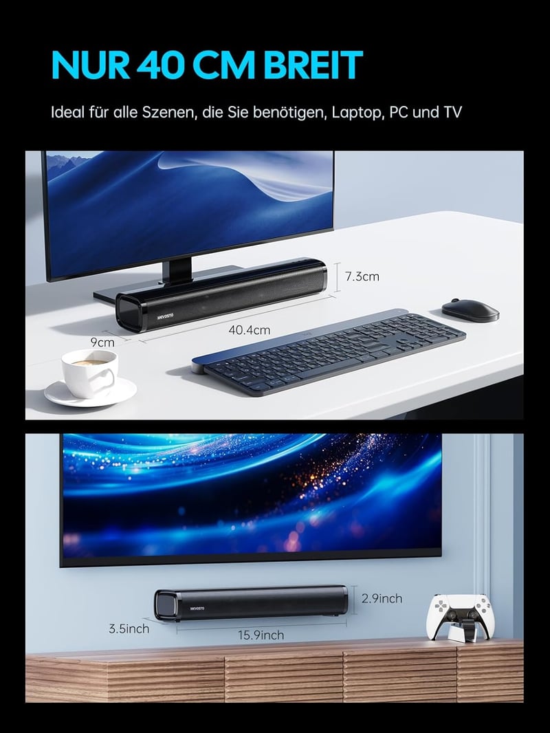 MEVOSTO 60W Mini Soundbar TV-hez és PC-hez - 2.1 Beépített Mélynyomó, BT5.4, USB/Optikai/AUX Csatlakozás, 3 EQ Mód, Játékkonzolokkal Kompati