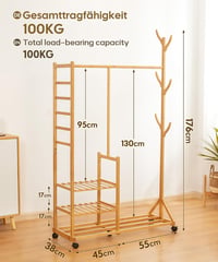 Yorbay Bamboo Fa Alakú Gurulós Ruhaállvány - 100x38x176 cm Természetes Bambuszból, 3 Polccal, 6 Akasztóval és Ruhatartó Rúddal 6