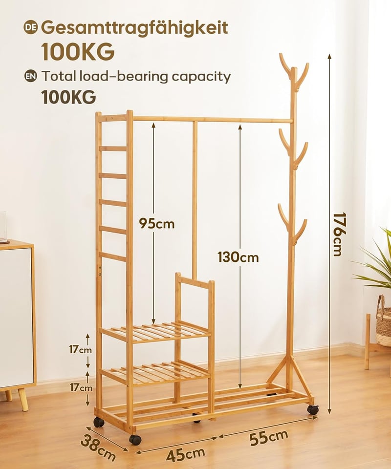 Yorbay Bamboo Fa Alakú Gurulós Ruhaállvány - 100x38x176 cm Természetes Bambuszból, 3 Polccal, 6 Akasztóval és Ruhatartó Rúddal