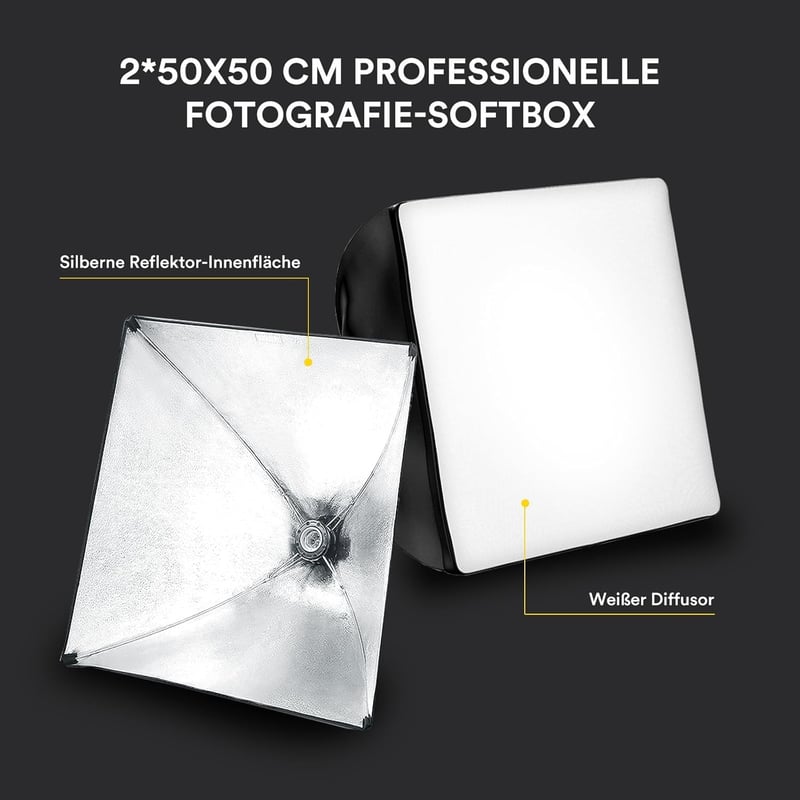 RaLeno Softbox Szett - 50x50cm Fotó Stúdió Világítás, 2db 50W LED Izzóval, 210° Forgatható, 200cm Állvánnyal, Hordtáskával - Fotózáshoz, Vid