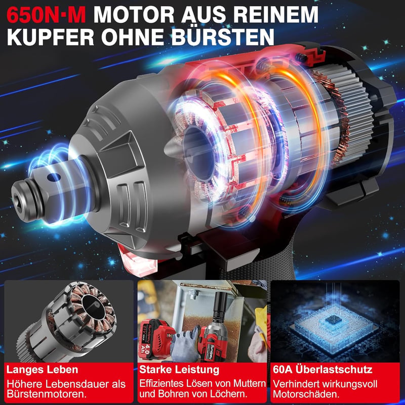 Sundpey Akkumulátoros Ütvecsavarozó 650 Nm - 21V Kétsebességes Behajtó 2db 4000 mAh Akkuval, 6 Dugókulccsal, 9 Fúróval, LED Világítással, Ot