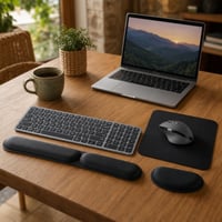 Set birou ergonomic: tastatură wireless + mouse Bluetooth + mousepad + suport încheietură cu gel 1