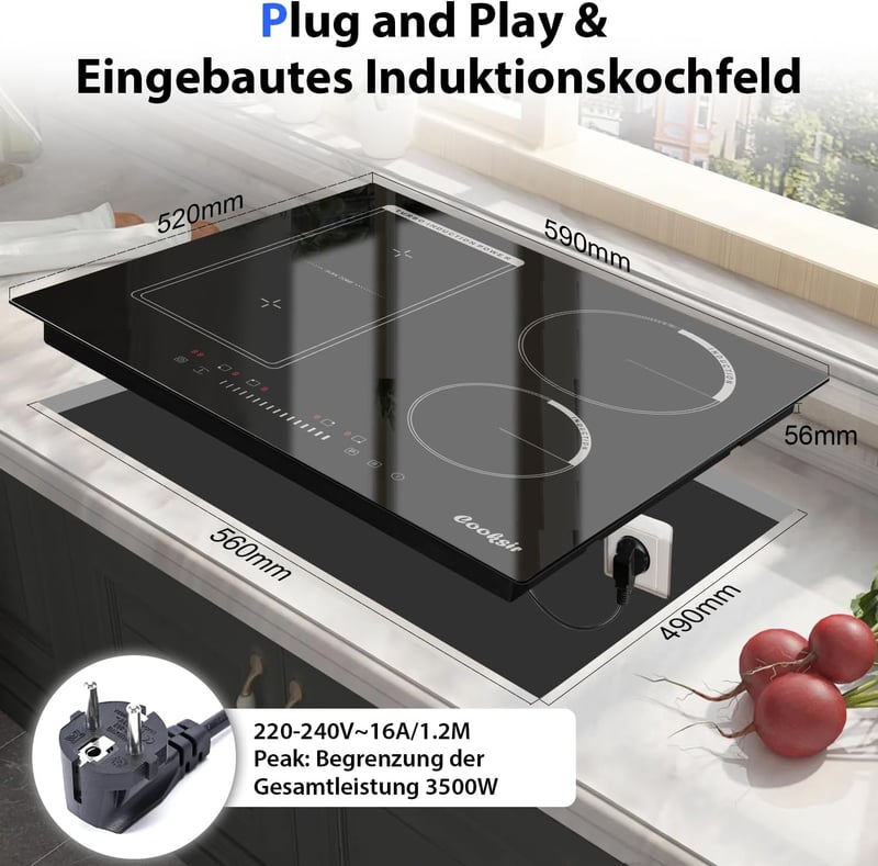Cooksir 4 zónás indukciós főzőlap 3500W, kombinált grillzónával, 59 cm-es, dugós csatlakozással, érintőszenzoros vezérléssel, fekete üvegker