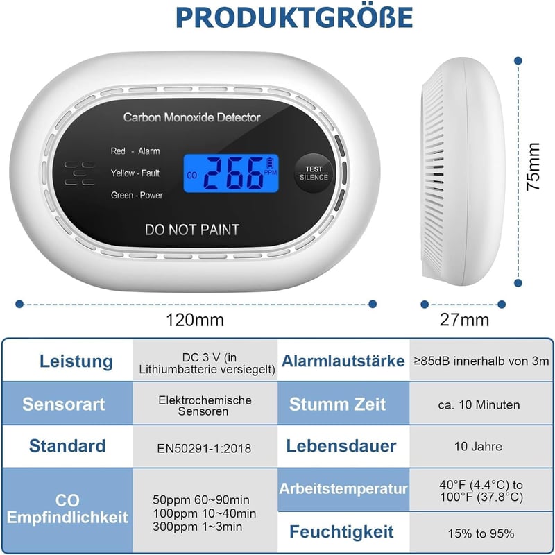 XINDUM LCD-s szénmonoxid riasztó 10 éves elemmel, otthoni használatra (fekete)
