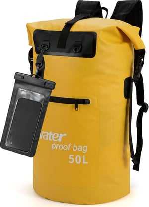 Rucsac rolltop impermeabil WELDUN cu husă pentru telefon IPX8 - 50 L, galben