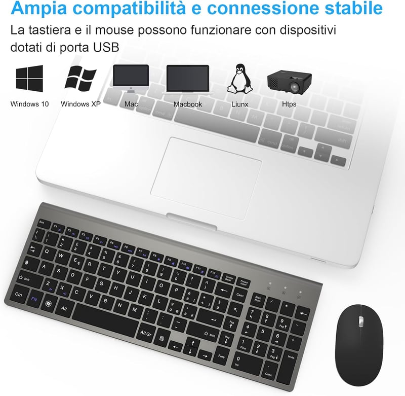 Olasz QWERTY USB billentyűzet és egér szett - GALENMORO vezeték nélküli, ergonomikus, csendes, Windows kompatibilis