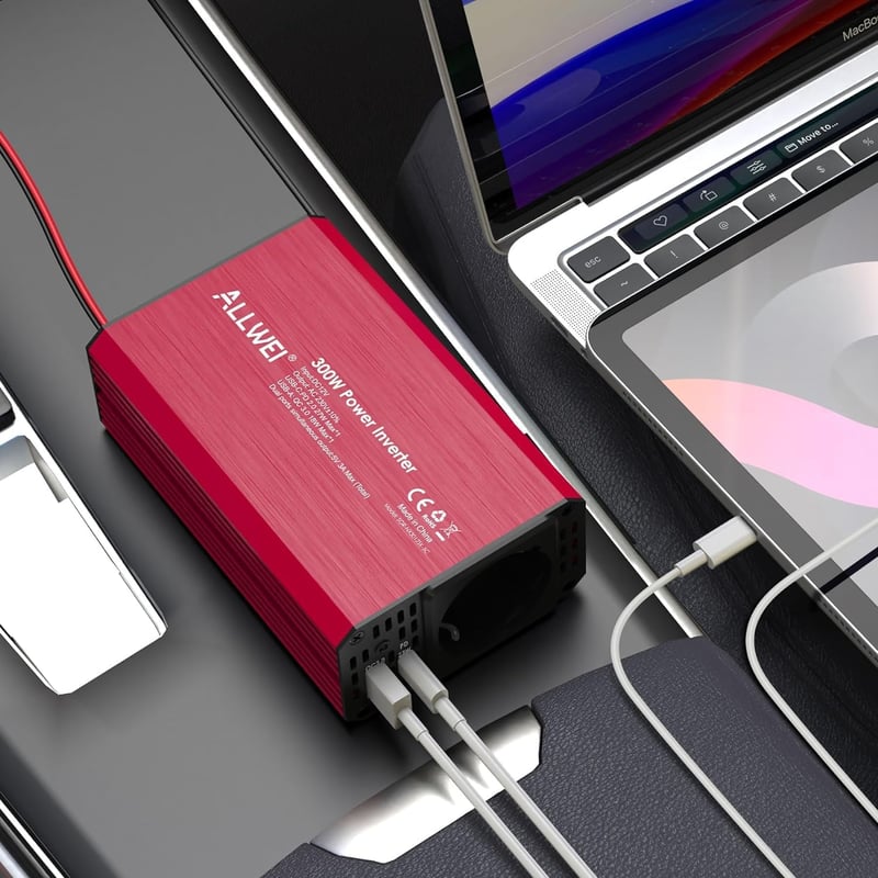 ALLWEI 300W Autós inverter 12V-230V, USB-C és USB portokkal, piros