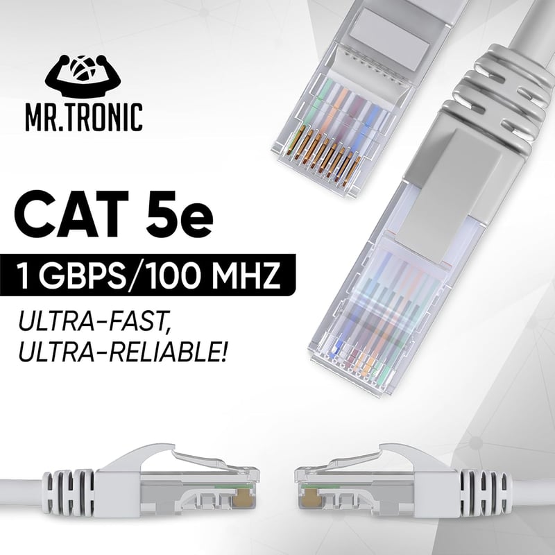 Mr. Tronic 5m-es Cat5E Ethernet kábel, gyors internethez, RJ45 csatlakozóval, szürke