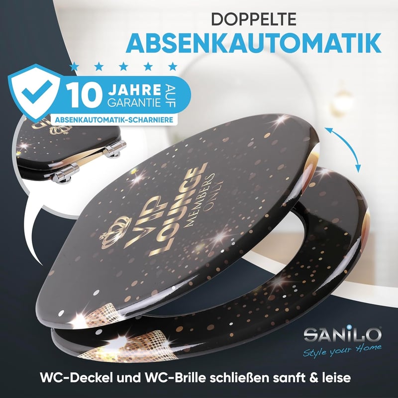 Sanilo Fa WC Ülőke Soft-Close Funkcióval - Ovális, Fekete VIP Lounge Dizájn, Tartós Minőségi Faanyag, Szerelési Kellékekkel, 2,7 kg