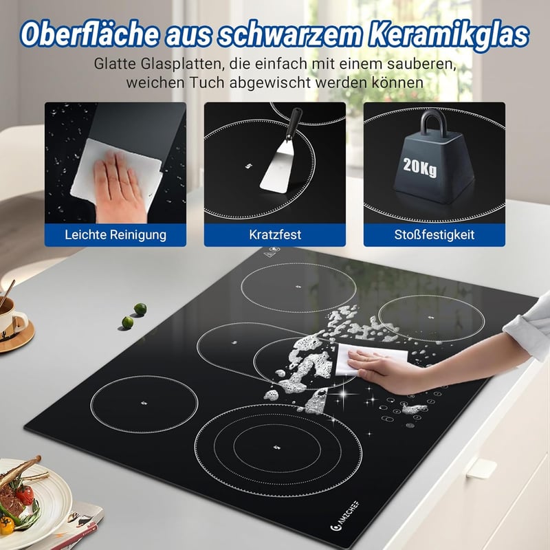 AMZCHEF Beépíthető Üvegkerámia Főzőlap 77 cm - 5 Zónás, Ovális és Tripla Főzőfelülettel, 9 Teljesítményszinttel, Időzítővel, Biztonsági Zárral