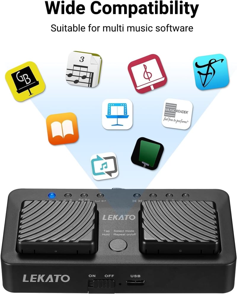 LEKATO Bluetooth Lapozó Pedál - Újratölthető Vezeték Nélküli Lábkapcsoló Tablethez, Okostelefonhoz, Kottaolvasáshoz, 7 Üzemmóddal