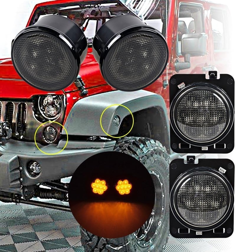 Beside_Auto LED Irányjelző és Oldalsó Jelzőfény Szett Jeep Wrangler JK JKU (2007-2018) - Sárga Fényű, Füstös Lencsés, Energiatakarékos Első