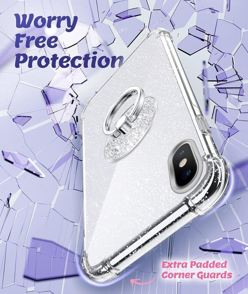 Apple iPhone XS Max Csillogó Glitteres Ütésálló Tok Gyűrűvel - Átlátszó