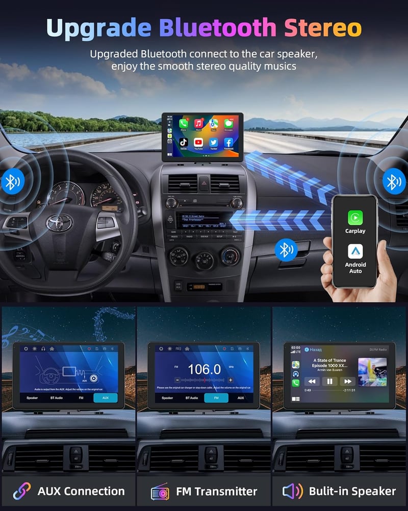 Jansite 4K Apple CarPlay Android Autós Kijelző 9" Vezeték Nélküli, Menetrögzítővel, Tolatókamerával, Bluetooth, Siri, 64GB TF Kártya Támogat