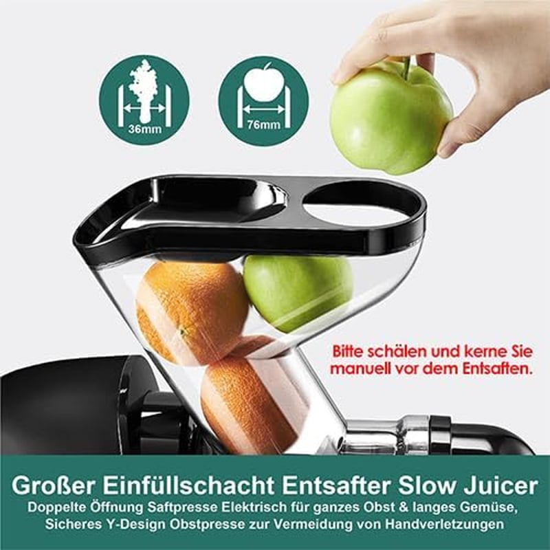 Fretta Slow Juicer Gyümölcs- és Zöldségprés 200W - Széles 76mm Adagolónyílás, Hidegprés Technológia, Könnyen Tisztítható Fekete Gyümölcsfacs - Black