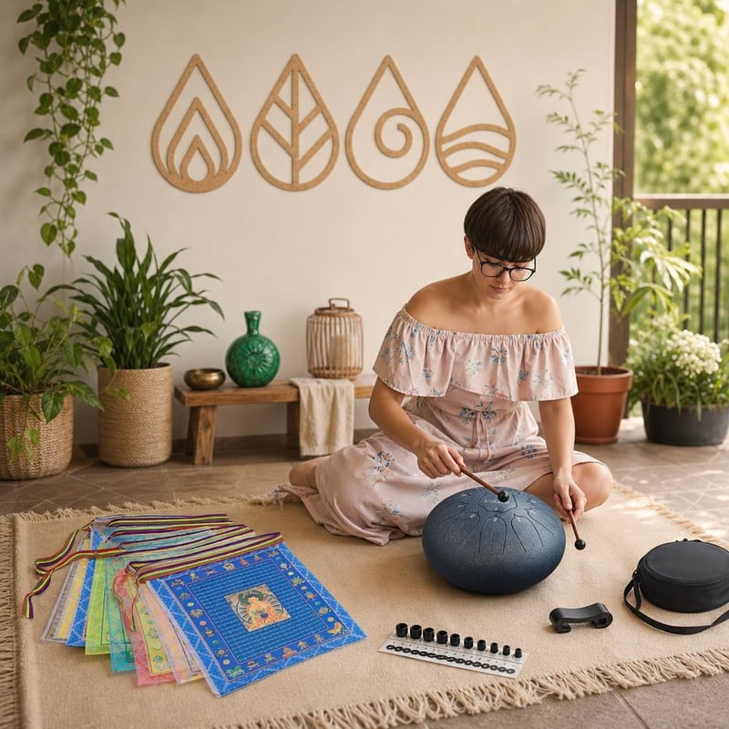 Meditacijski set: 40x molitvene zastavice + čelični jezičasti bubanj + mandala od 4 elementa