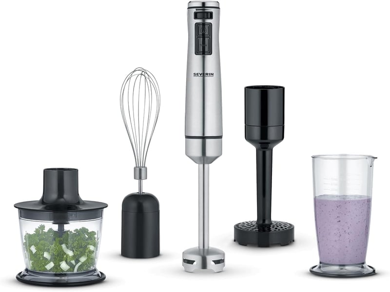 SEVERIN botmixer prémium készlet: 4 pengés, levehető szár, habverő, aprító, krumplinyomó
