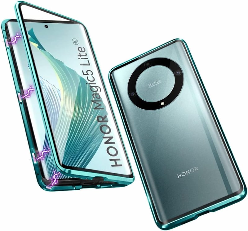Honor Magic 5 Lite mágneses tok - 360°-os zöld alumínium keret üveg hátlappal