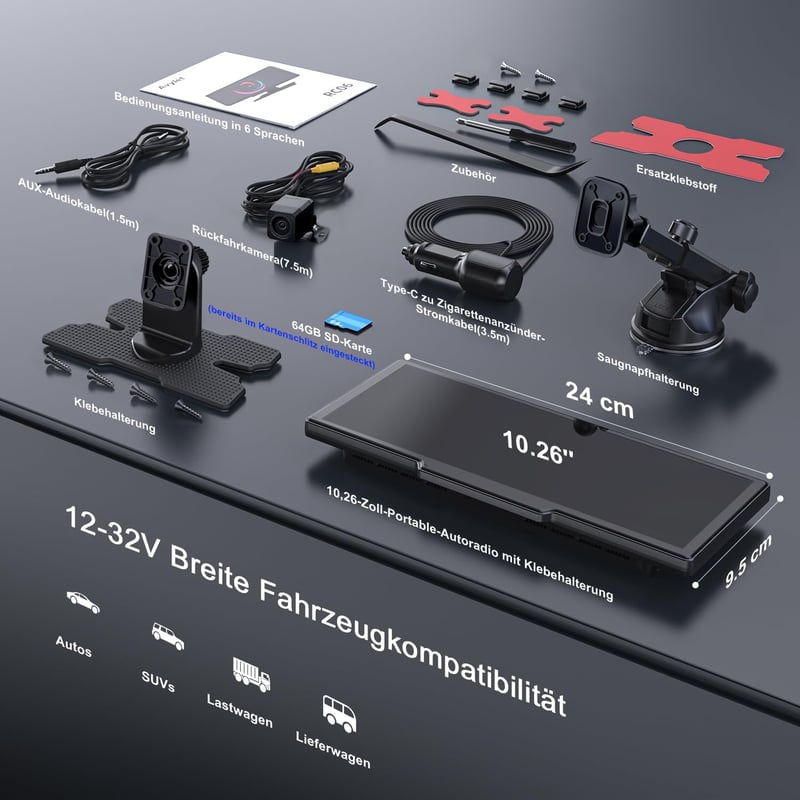 Avylet 9,26" Vezeték Nélküli CarPlay Kijelző 4K Műszerfali Kamerával - Apple CarPlay & Android Auto Támogatás, GPS Navigáció, Tolatókamera
