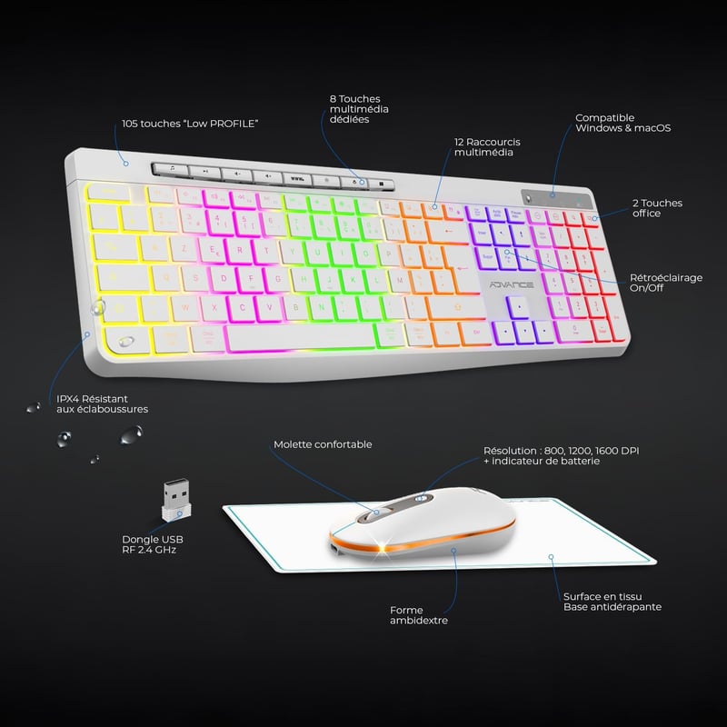 AD ADVANCE R-Type Vezeték Nélküli Billentyűzet-Egér Szett - RGB Háttérvilágítás, Csendes Gombok, 1600 DPI, Újratölthető, PC/Mac/Laptop