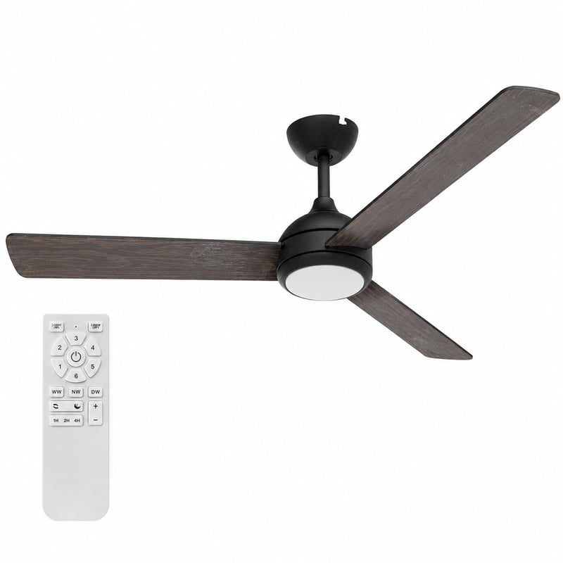 Stropný ventilátor Philips Civx LED s diaľkovým ovládaním, 132 cm, 3 lopatky, 2500 lm, nastaviteľné biele svetlo, čierna/tmavé drevo, používaný