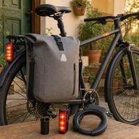 Siguran start za bicikliste: 1x adapter 27,2–31,6 mm + 1x stražnje svjetlo + 1x vodootporna torba + 1x lokot 1