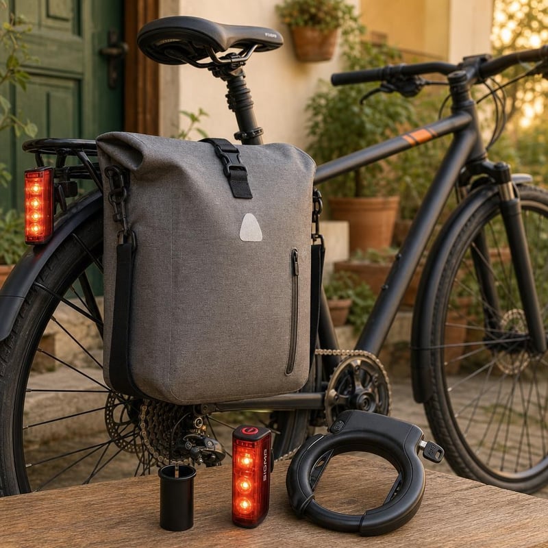 Siguran start za bicikliste: 1x adapter 27,2–31,6 mm + 1x stražnje svjetlo + 1x vodootporna torba + 1x lokot