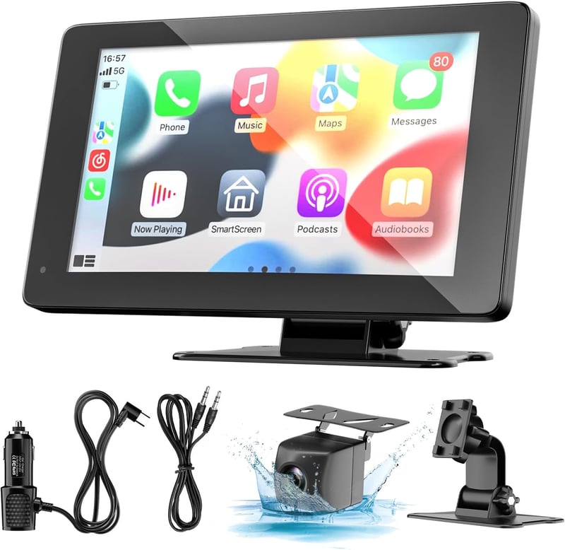 BDFFLY 7" Vezeték Nélküli CarPlay Autós Kijelző Apple és Android Kompatibilitással, GPS Navigációval, Tolatókamerával, Hangvezérléssel és Bl