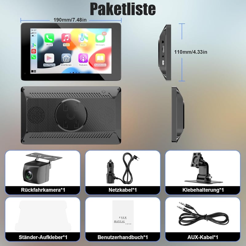 BDFFLY 7" Vezeték Nélküli CarPlay Autós Kijelző Apple és Android Kompatibilitással, GPS Navigációval, Tolatókamerával, Hangvezérléssel és Bl