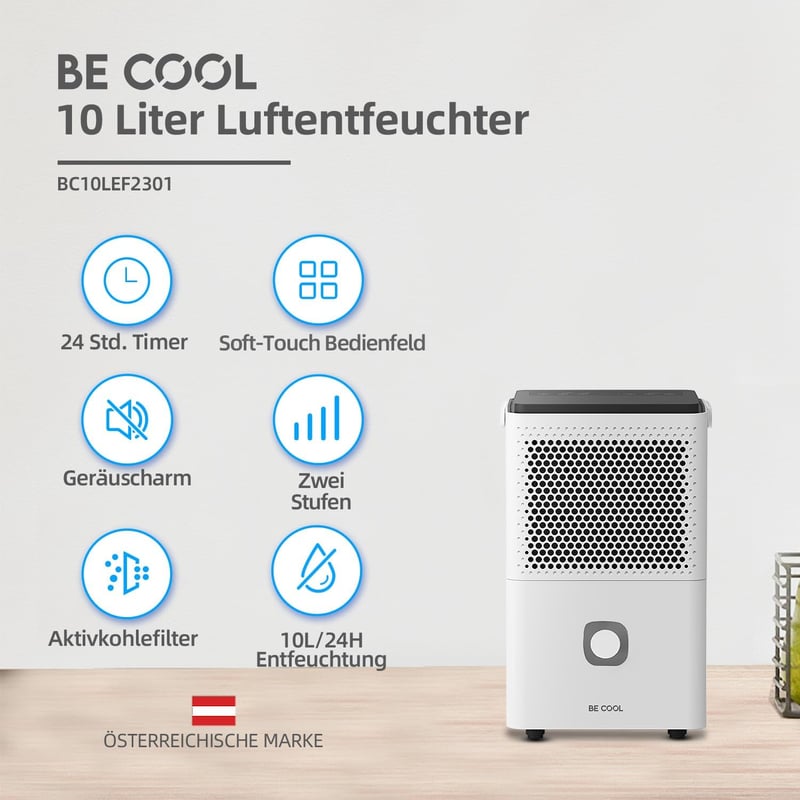 Be Cool Párátlanító - 10 l/24 óra teljesítmény, 1,8 l víztartály, időzítő, aktívszén-szűrő, alvó üzemmód, görgős, otthoni és irodai használa
