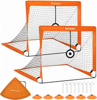 SONGMICS Gyerek Focihálószett 2db - Hordozható, Összecsukható Kapu Kertbe, Parkba, Strandra - Üvegszálas Váz, Narancssárga, 120x90x90 cm 1