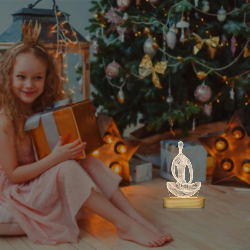 BootyBay 3D Jóga LED Éjjeli Lámpa - Meditációs Asztali Világítás Meleg Fénnyel, Fa Talppal - USB Dekorációs Lámpa Ajándékba Nőknek, Lányokna