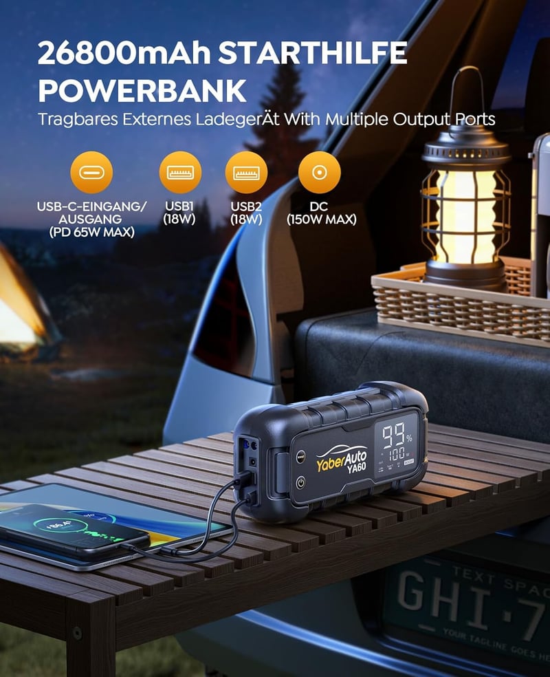 YaberAuto 6000A Autós Indításrásegítő Powerbank, 26800mAh, 65W USB-C PD, 600 Lumen LED Lámpa, Benzin és 12L Dízel Motorokhoz
