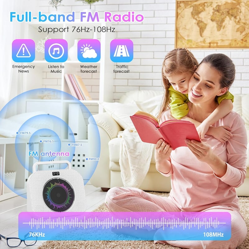 KOVCDVI 9 az 1-ben Bluetooth CD-lejátszó rádióval, USB/TF/AUX támogatással, ébresztővel és távirányítóval