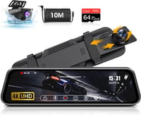 Jansite 4K Visszapillantó Tükör Menetrögzítő Kamera 64GB SD Kártyával, 10" IPS Érintőképernyővel, Első-Hátsó 170° Látószög, 10m Kábel, WDR 1