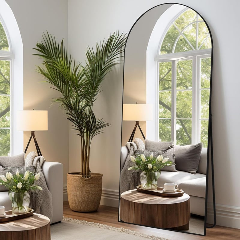 LunaMirror Íves Álló Tükör 180 x 76 cm - Teljes Alakos Padlótükör Hálószobába, Nappaliba, Előszobába - Fekete Fali Tükör