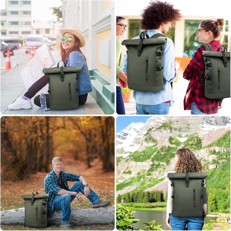 hk Rolltop Vízálló Hátizsák 27L - 15,6" Laptoptartóval, USB Porttal, Lopásbiztos Kialakítás, Unisex Városi Táska Egyetemre, Utazáshoz, Zöld