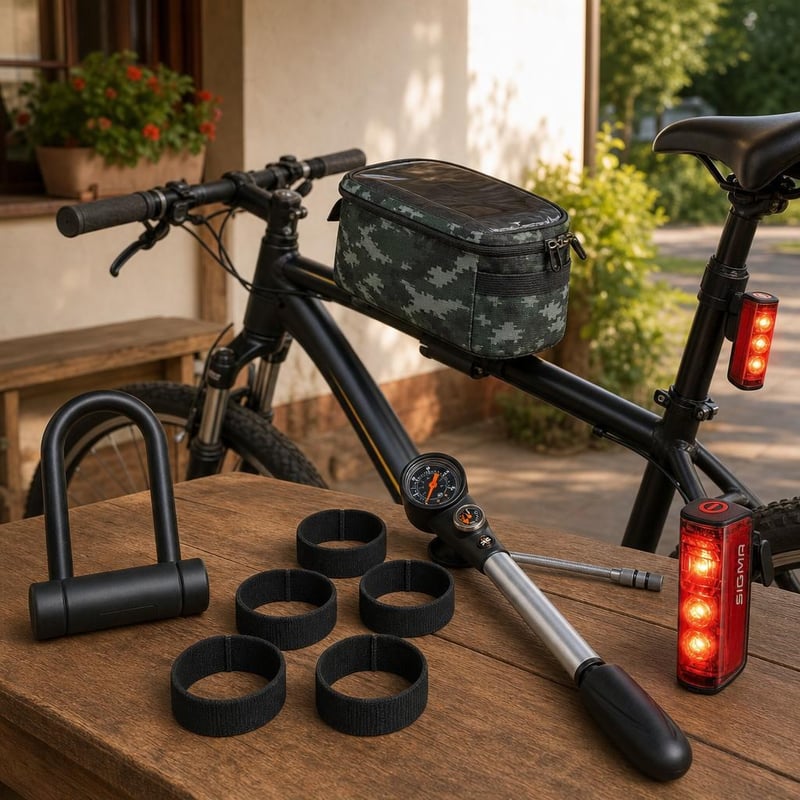 Mestský cyklo set: 4x spona na nohavice + pumpa + brzdové svetlo + taška na riadidlá + U-zámok