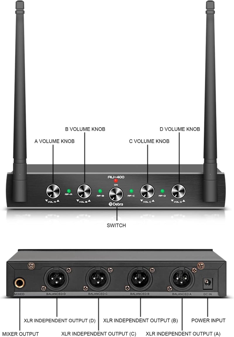 D Debra AU400 Pro UHF 4-Csatornás Vezeték Nélküli Mikrofonrendszer Csíptetős és Fejpántos Mikrofonokkal, Fém Vevőegységgel - Karaoke, Rendez