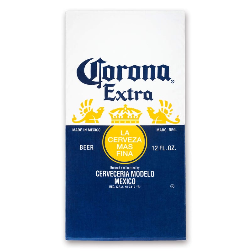 Prosop de plajă Beachland cu logo Corona, 76x152 cm, 100% bumbac, albastru, imprimeu cu bere, pentru piscină, călătorii, camping